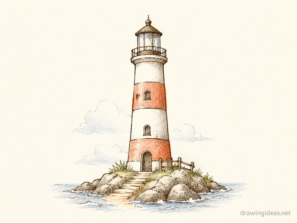 Lighthouse drawing — hand-drawn lighthouse illustration with ink lines and soft colors