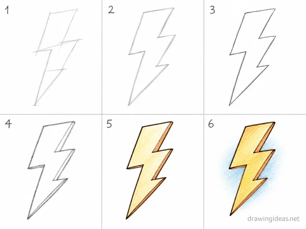 How to draw a lightning bolt step by step — 6-step lightning bolt drawing tutorial grid