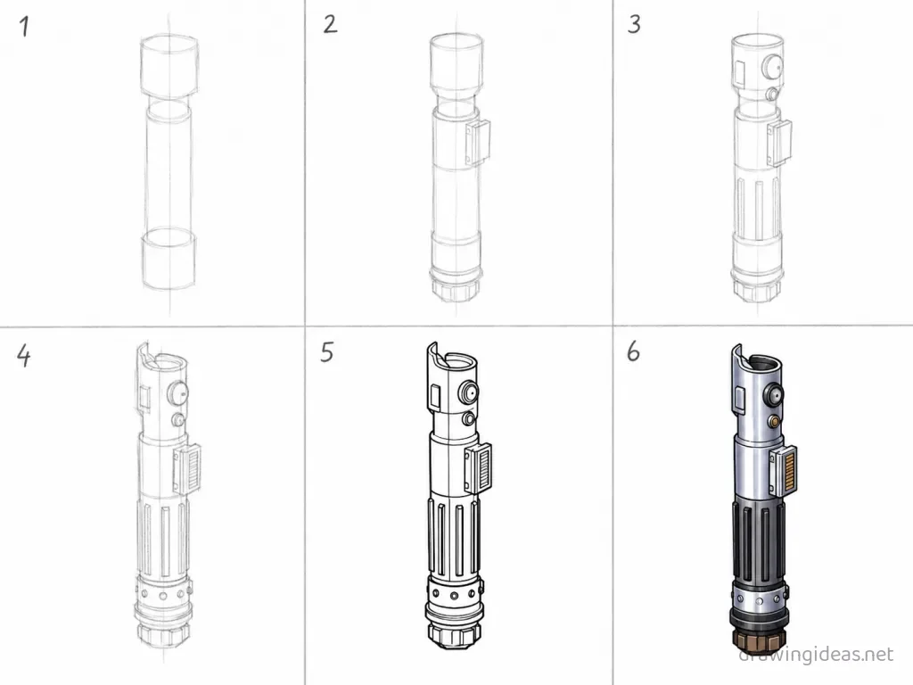 How to draw a lightsaber step by step — 6-step lightsaber drawing tutorial grid