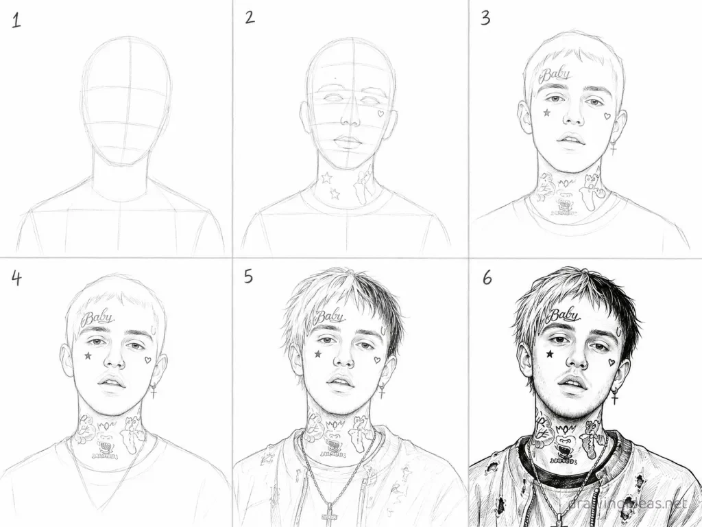 How to draw Lil Peep step by step — 6-step Lil Peep drawing tutorial grid