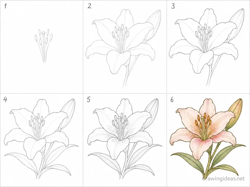 How to draw a lily step by step — 6-step lily drawing tutorial grid
