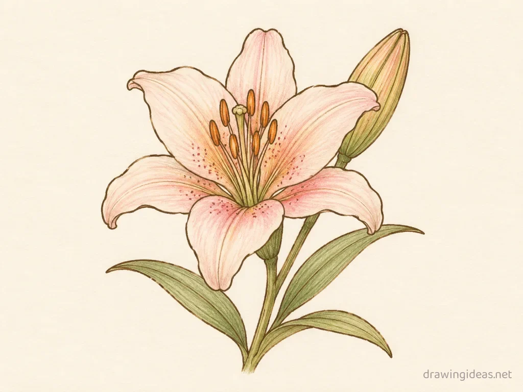 Lily drawing — hand-drawn lily illustration with ink lines and soft colors