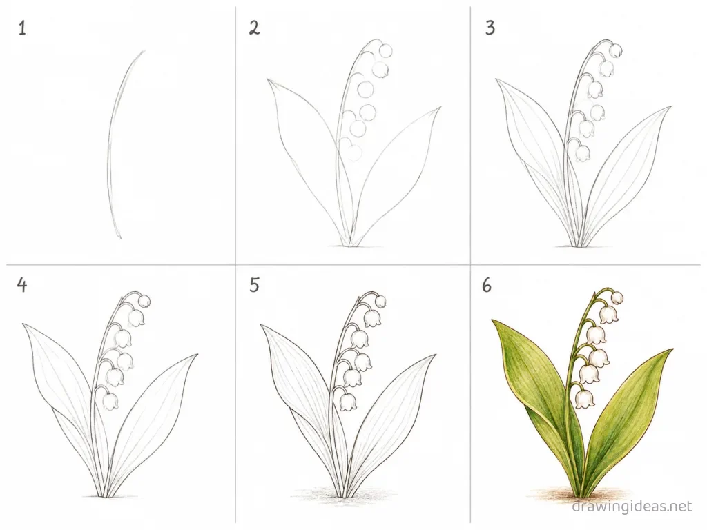 How to draw a lily of valley step by step — 6-step lily of valley drawing tutorial grid