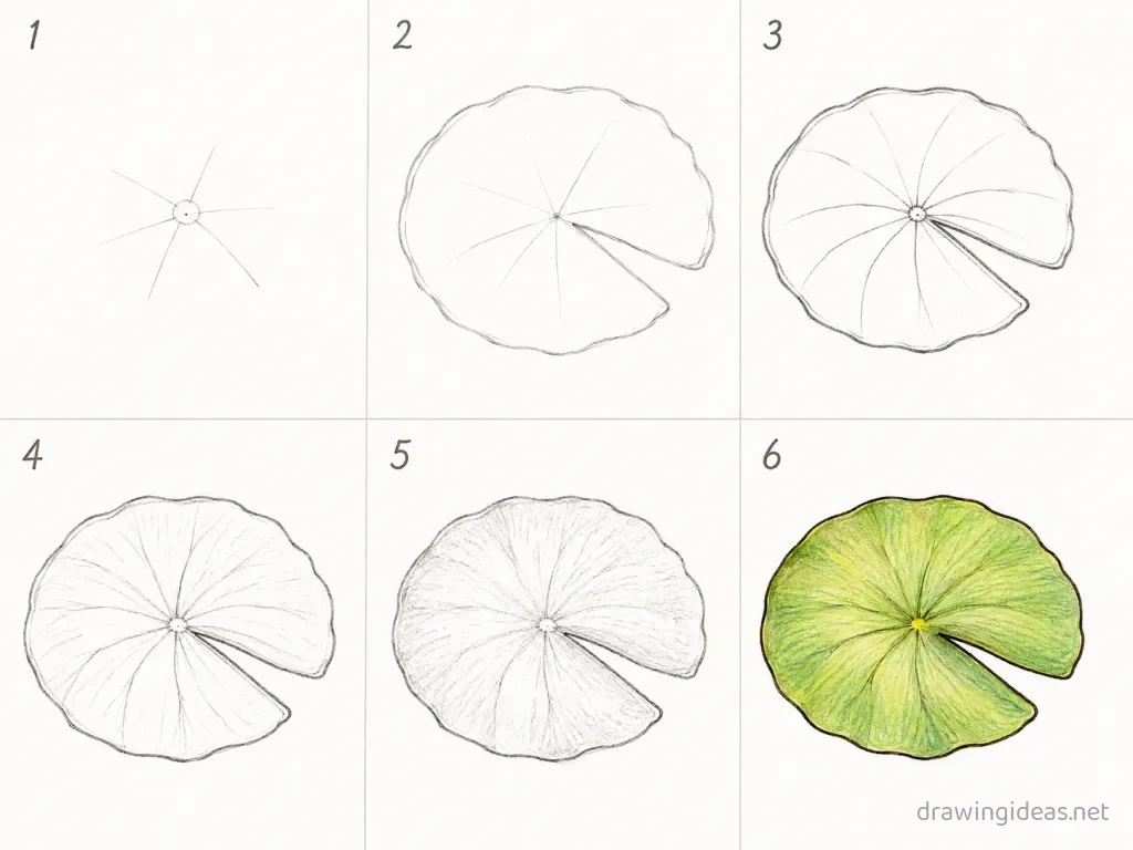 How to draw a lily pad step by step — 6-step lily pad drawing tutorial grid