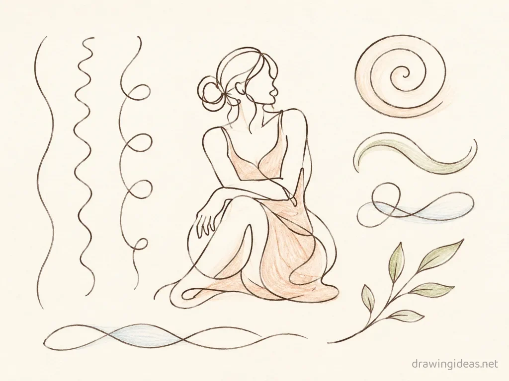 Line drawing — hand-drawn line illustration with ink lines and soft colors