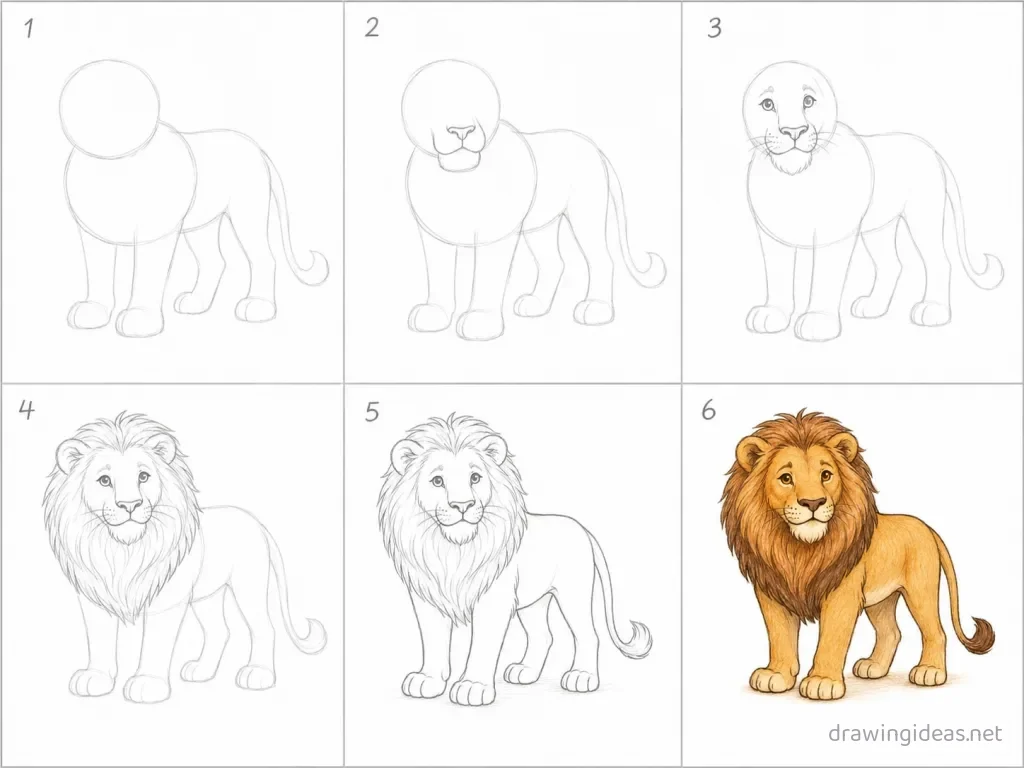 How to draw a lion step by step — 6-step lion drawing tutorial grid