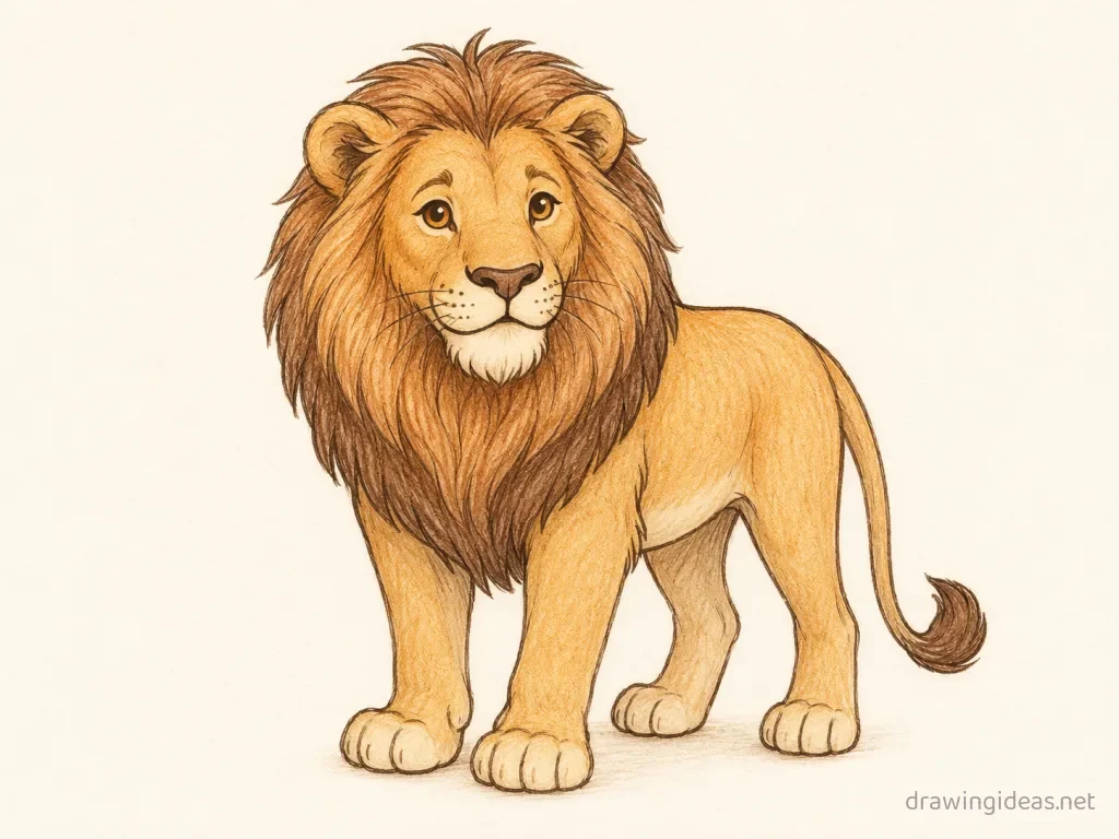 Lion drawing — hand-drawn lion illustration with ink lines and soft colors