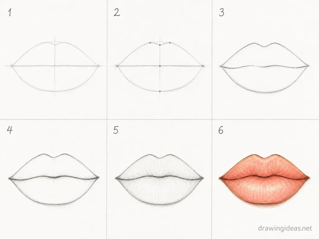 How to draw a lip step by step — 6-step lip drawing tutorial grid