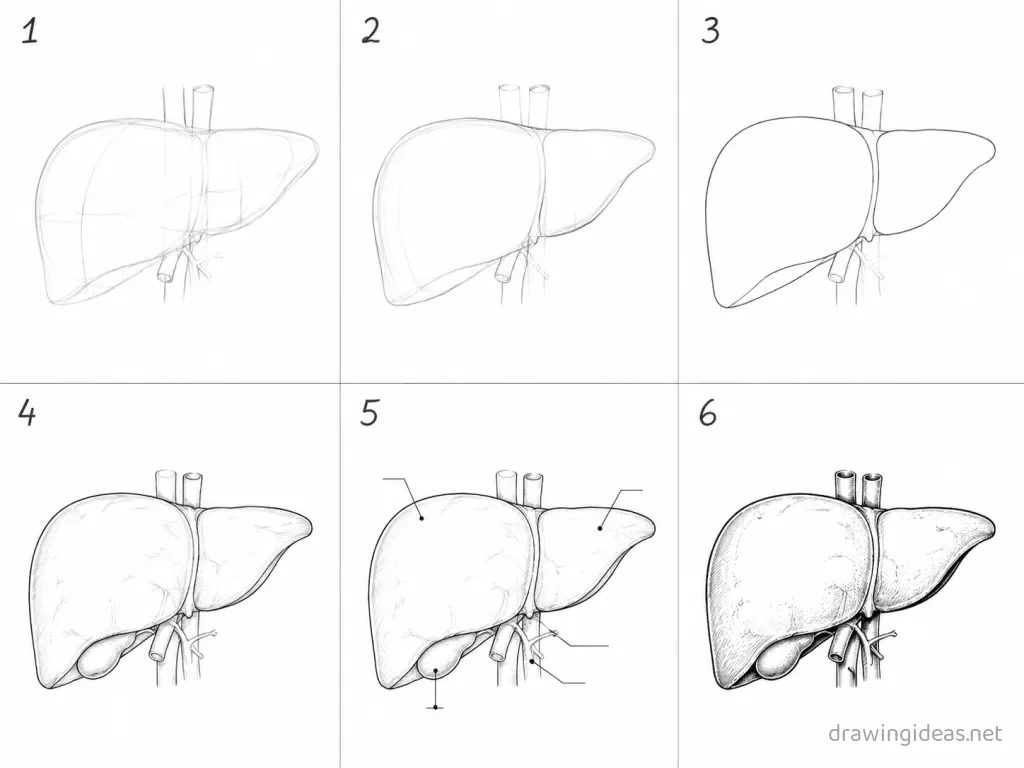 How to draw a liver step by step — 6-step liver drawing tutorial grid