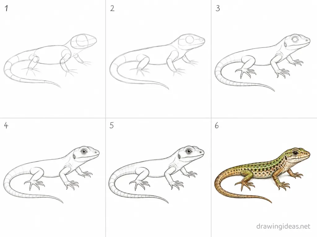 How to draw a lizard step by step — 6-step lizard drawing tutorial grid