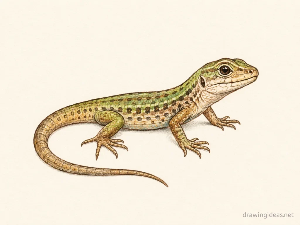 Lizard drawing — hand-drawn lizard illustration with ink lines and soft colors