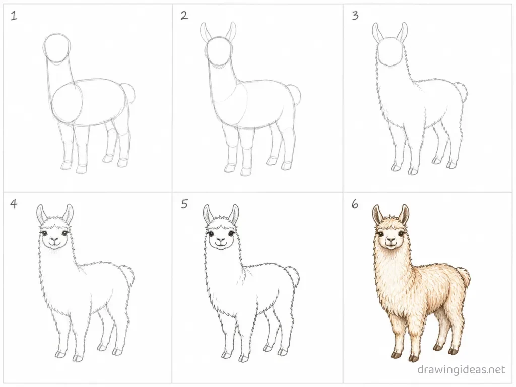 How to draw a llama step by step — 6-step llama drawing tutorial grid