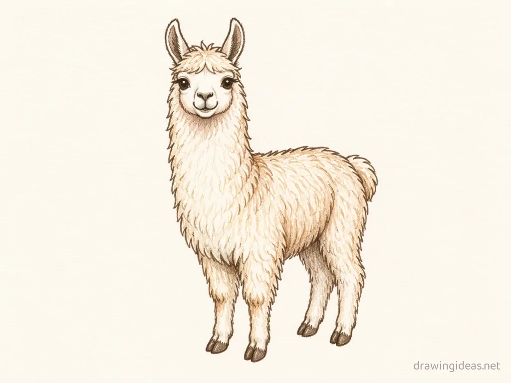 Llama drawing — hand-drawn llama illustration with ink lines and soft colors