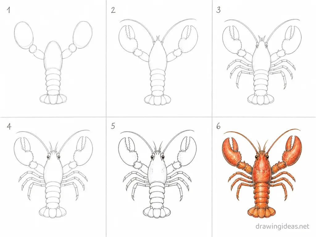 How to draw a lobster step by step — 6-step lobster drawing tutorial grid