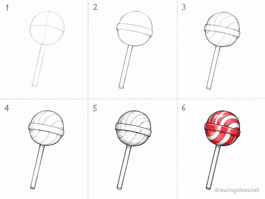 How to draw a lollipop step by step — 6-step lollipop drawing tutorial grid