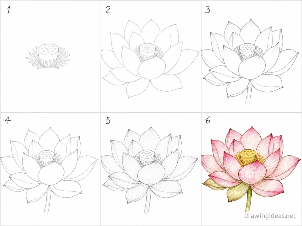 How to draw a lotus step by step — 6-step lotus drawing tutorial grid