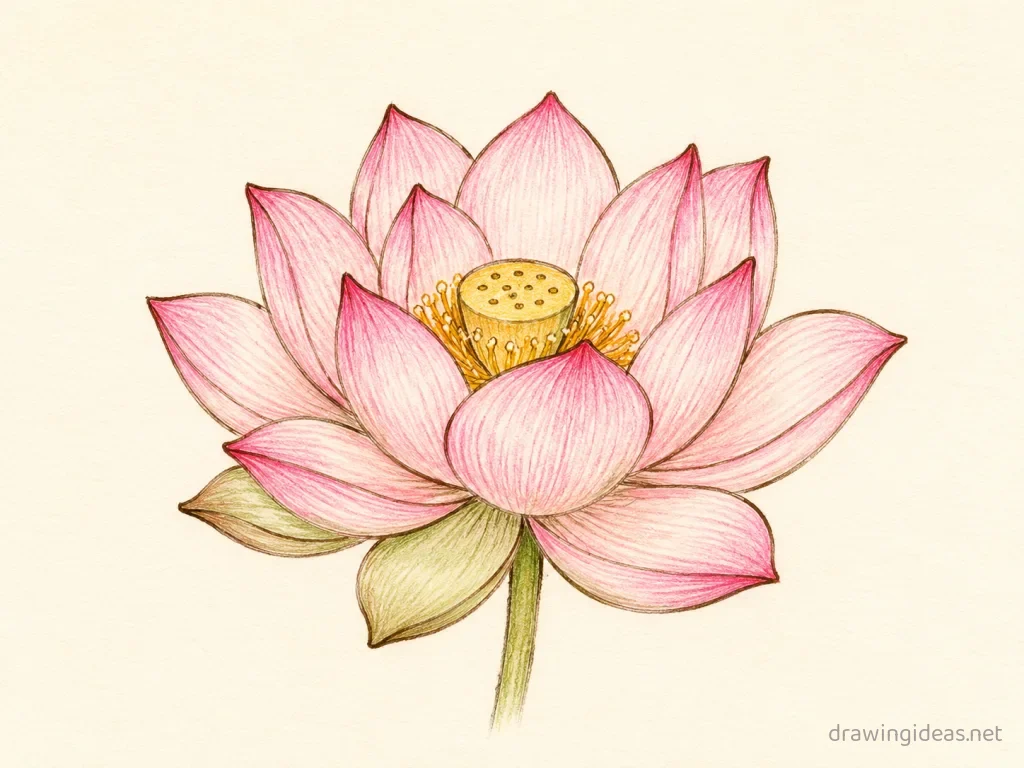 Lotus drawing — hand-drawn lotus illustration with ink lines and soft colors