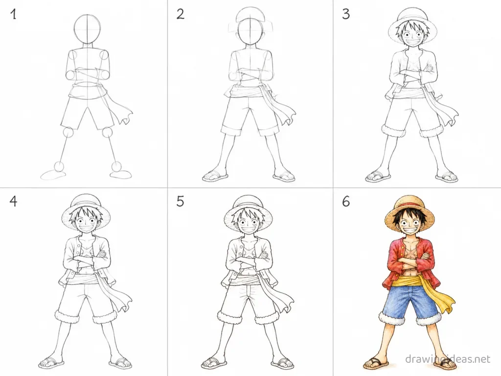 How to draw Luffy step by step — 6-step Luffy drawing tutorial grid