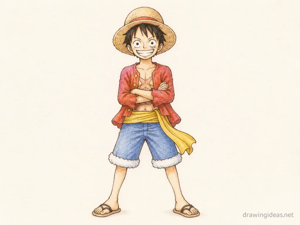 Luffy drawing — hand-drawn Luffy illustration with ink lines and soft colors