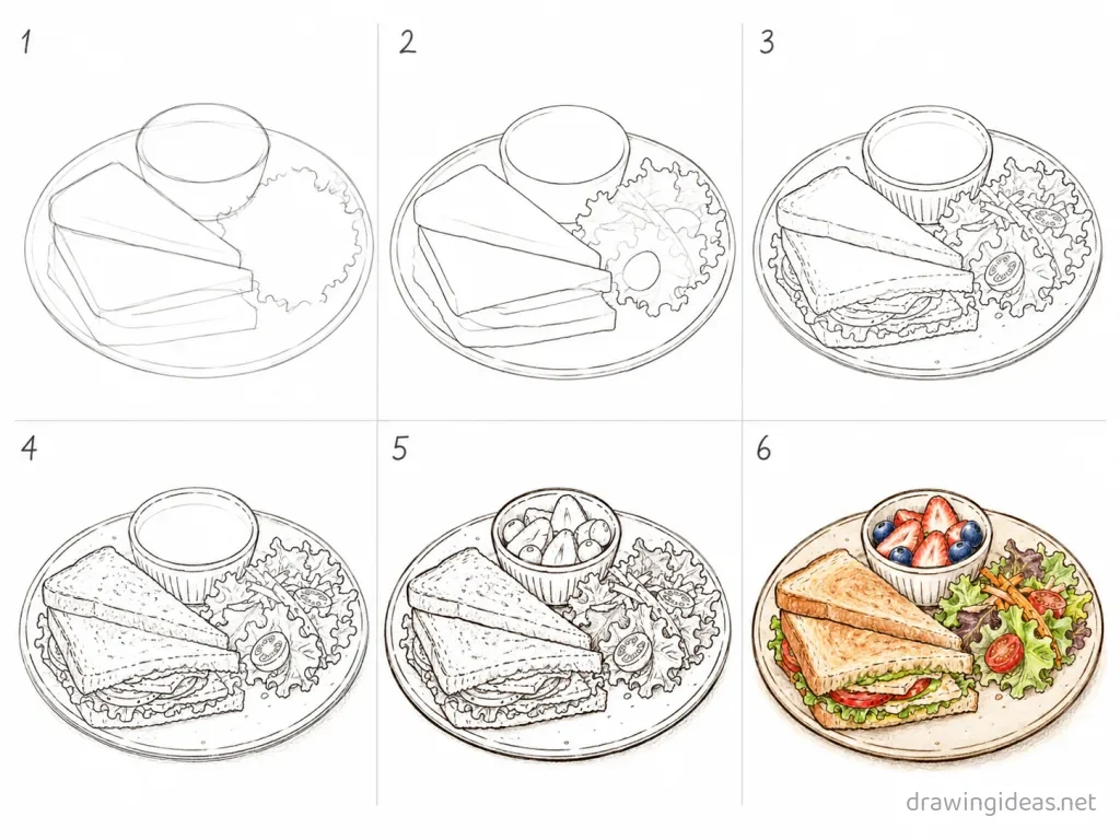 How to draw lunch step by step — 6-step lunch drawing tutorial grid
