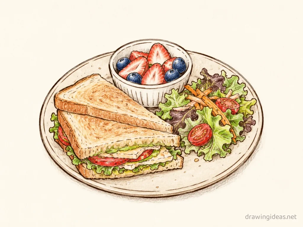 Lunch drawing — hand-drawn lunch illustration with ink lines and soft colors