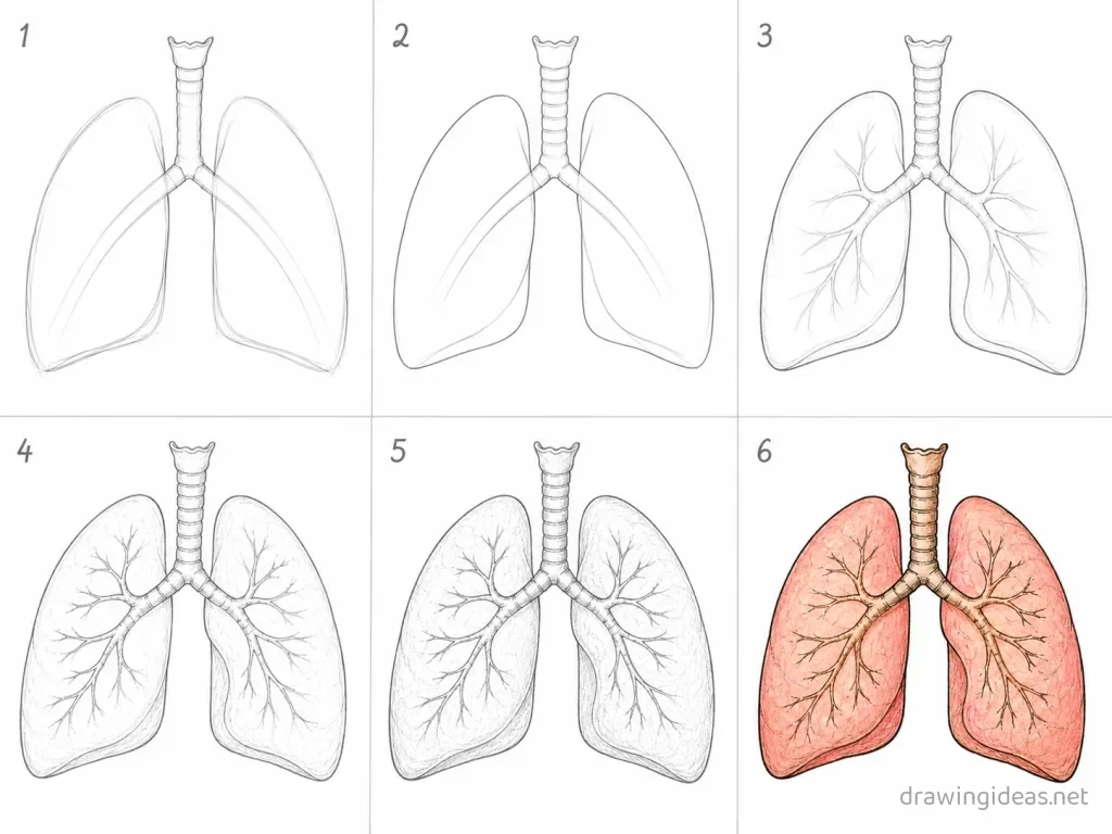 How to draw lungs step by step — 6-step lungs drawing tutorial grid