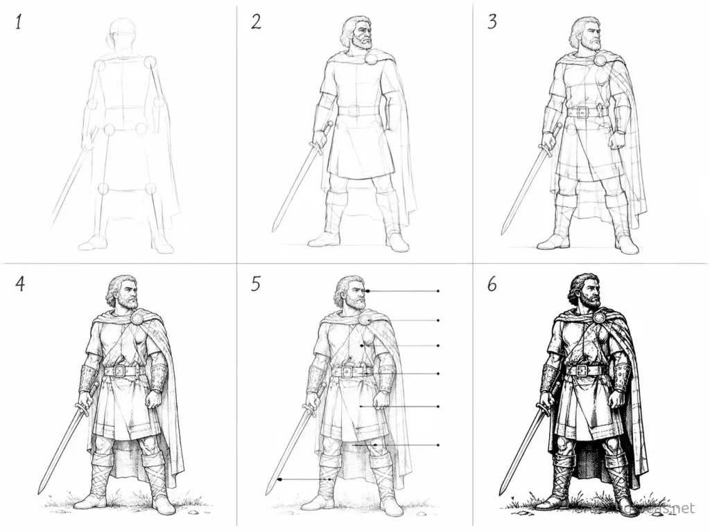 How to draw Macbeth step by step — 6-step Macbeth drawing tutorial grid