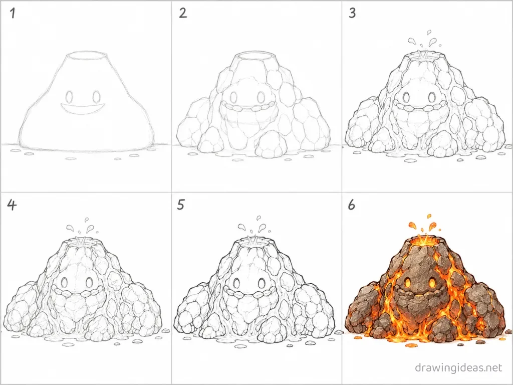 How to draw magma step by step — 6-step magma drawing tutorial grid