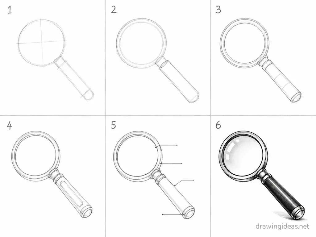 How to draw a magnifying glass step by step — 6-step magnifying glass drawing tutorial grid