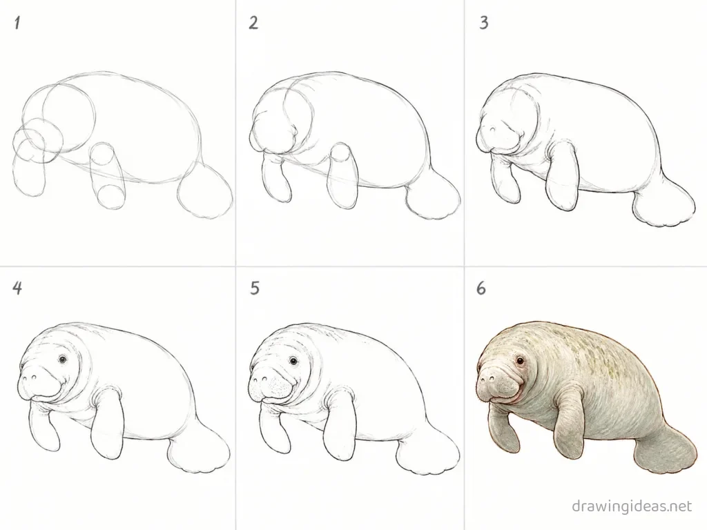 How to draw a manatee step by step — 6-step manatee drawing tutorial grid