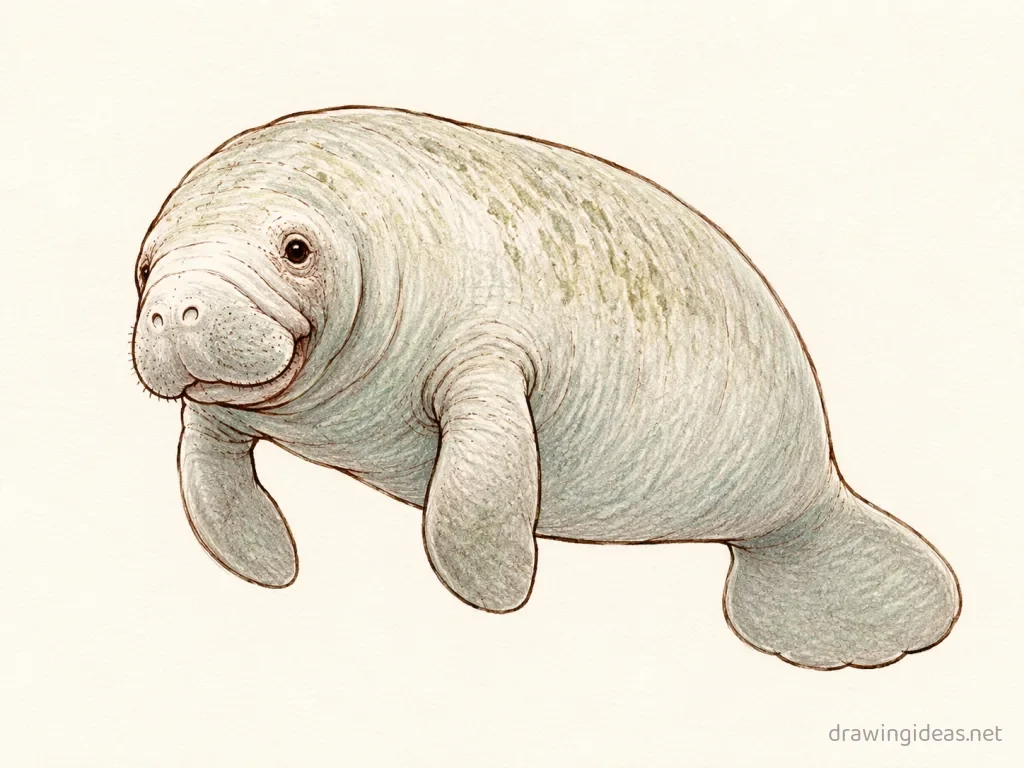 Manatee drawing — hand-drawn manatee illustration with ink lines and soft colors