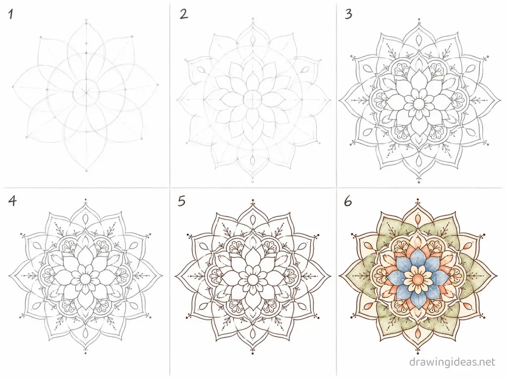 How to draw a mandala step by step — 6-step mandala drawing tutorial grid