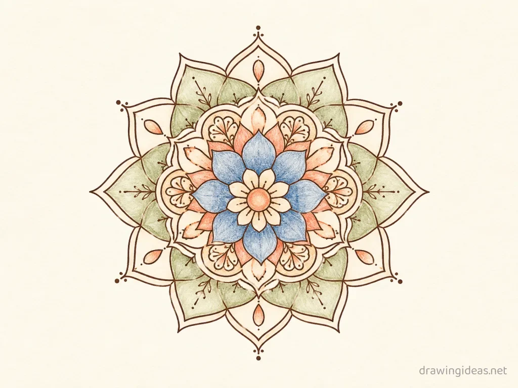 Mandala drawing ā hand-drawn mandala illustration with ink lines and soft colors