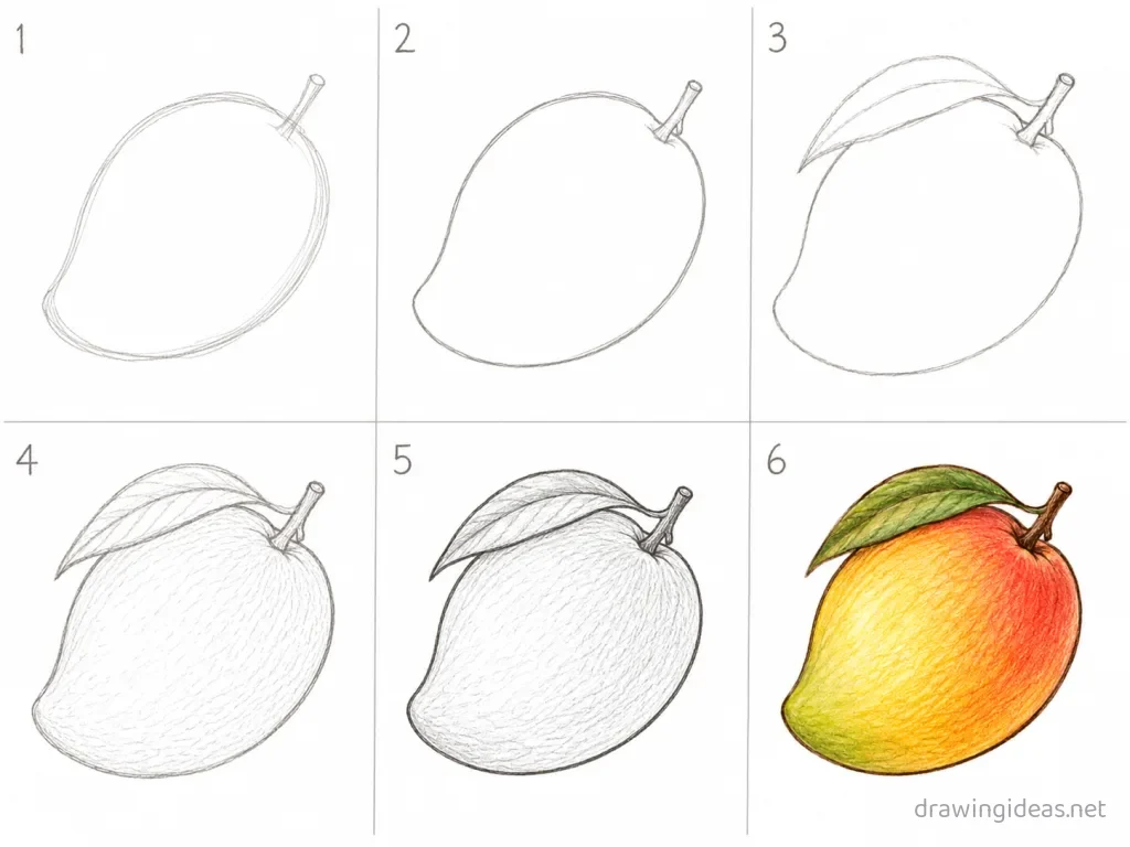 How to draw a mango step by step — 6-step mango drawing tutorial grid