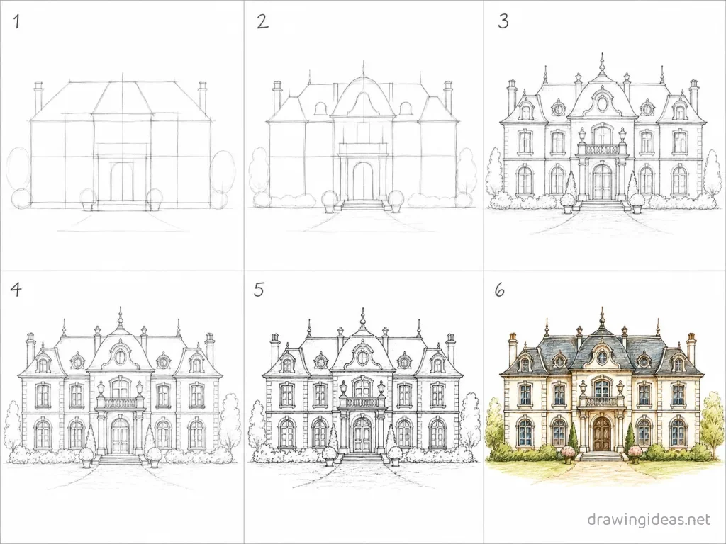 How to draw a mansion step by step — 6-step mansion drawing tutorial grid