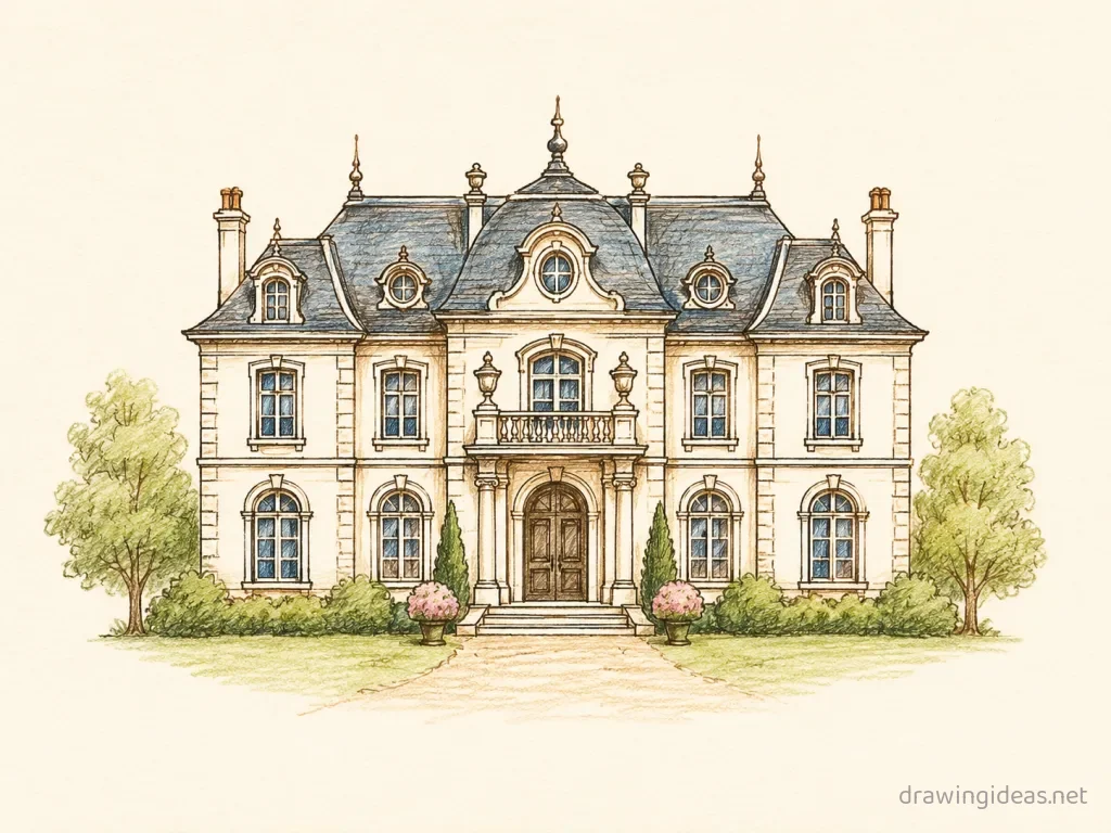 Mansion drawing — hand-drawn mansion illustration with ink lines and soft colors