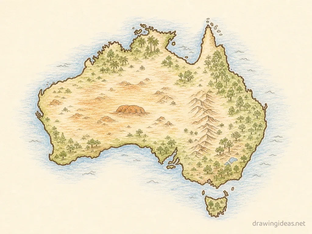 Map drawing — hand-drawn map illustration with ink lines and soft colors