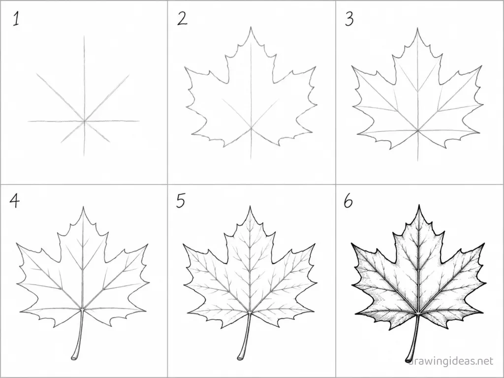 How to draw a maple leaf step by step — 6-step maple leaf drawing tutorial grid