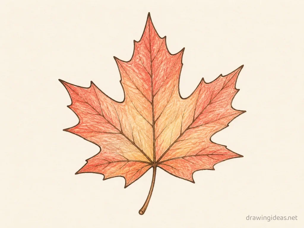 Maple Leaf drawing — hand-drawn maple leaf illustration with ink lines and soft colors