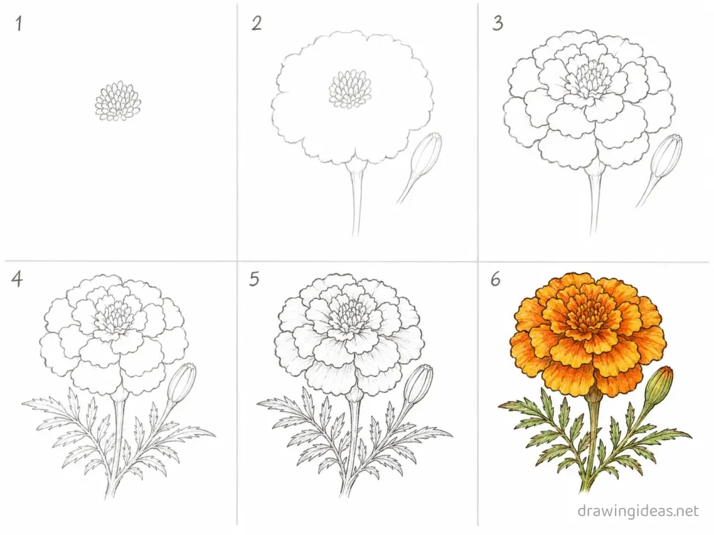 How to draw a marigold step by step — 6-step marigold drawing tutorial grid