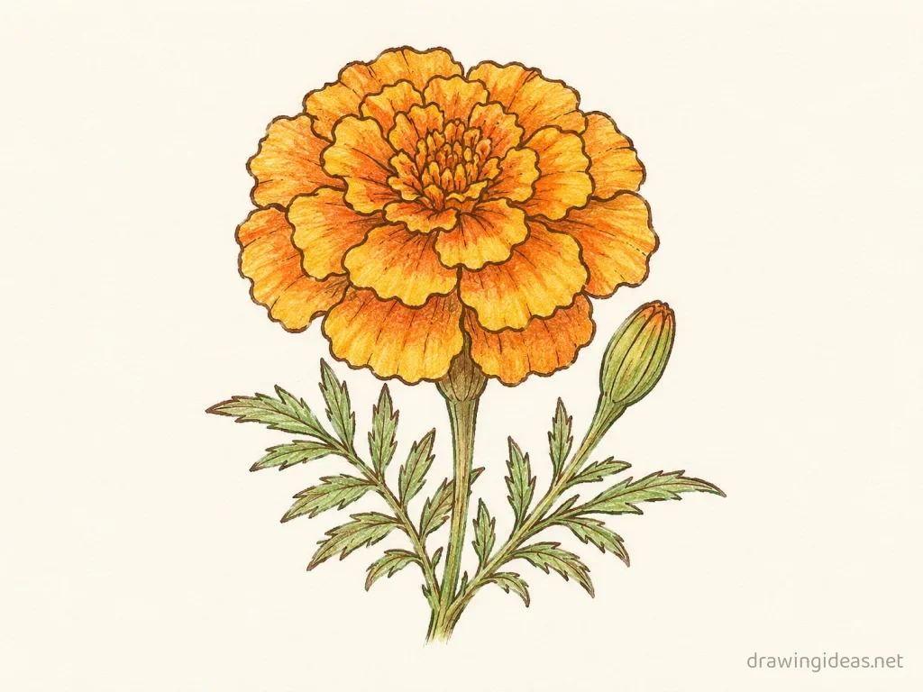 Marigold drawing — hand-drawn marigold illustration with ink lines and soft colors