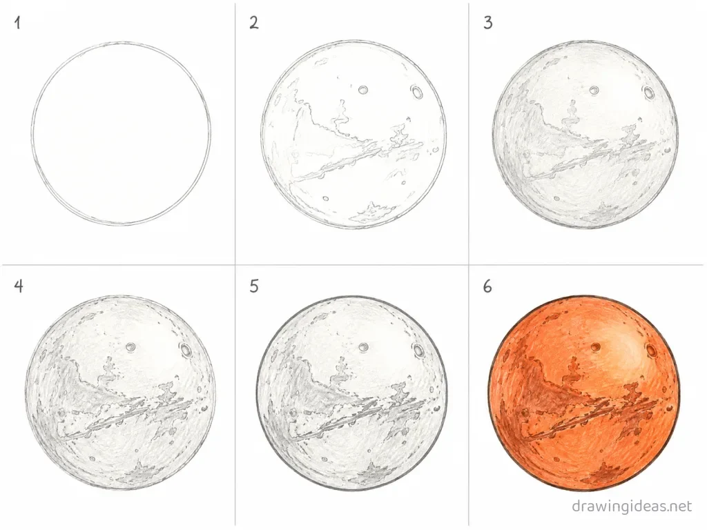 How to draw a mars step by step — 6-step mars drawing tutorial grid