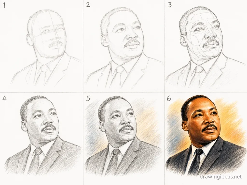 How to draw Martin Luther King step by step — 6-step Martin Luther King drawing tutorial grid