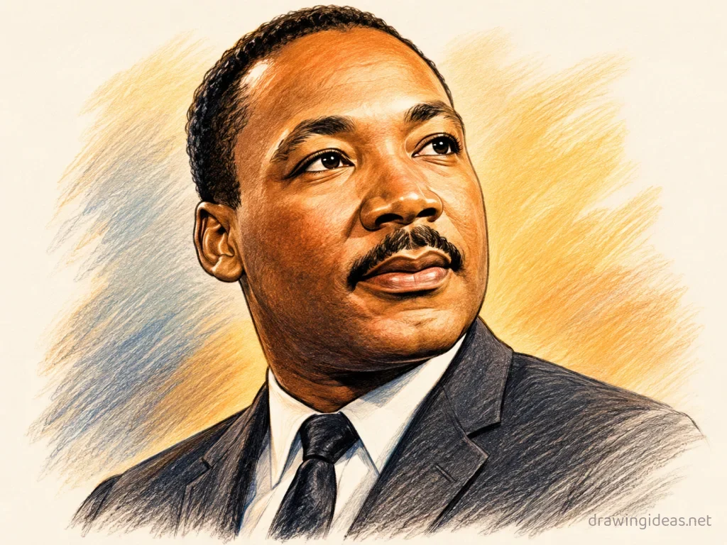 Martin Luther King drawing — hand-drawn Martin Luther King illustration with ink lines and soft colors