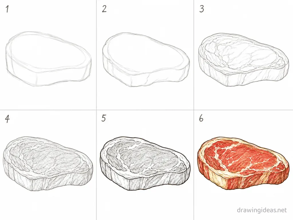 How to draw meat step by step — 6-step meat drawing tutorial grid