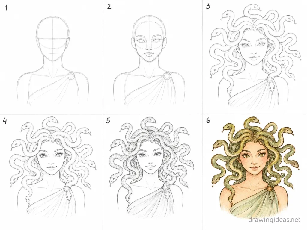 How to draw Medusa step by step — 6-step Medusa drawing tutorial grid