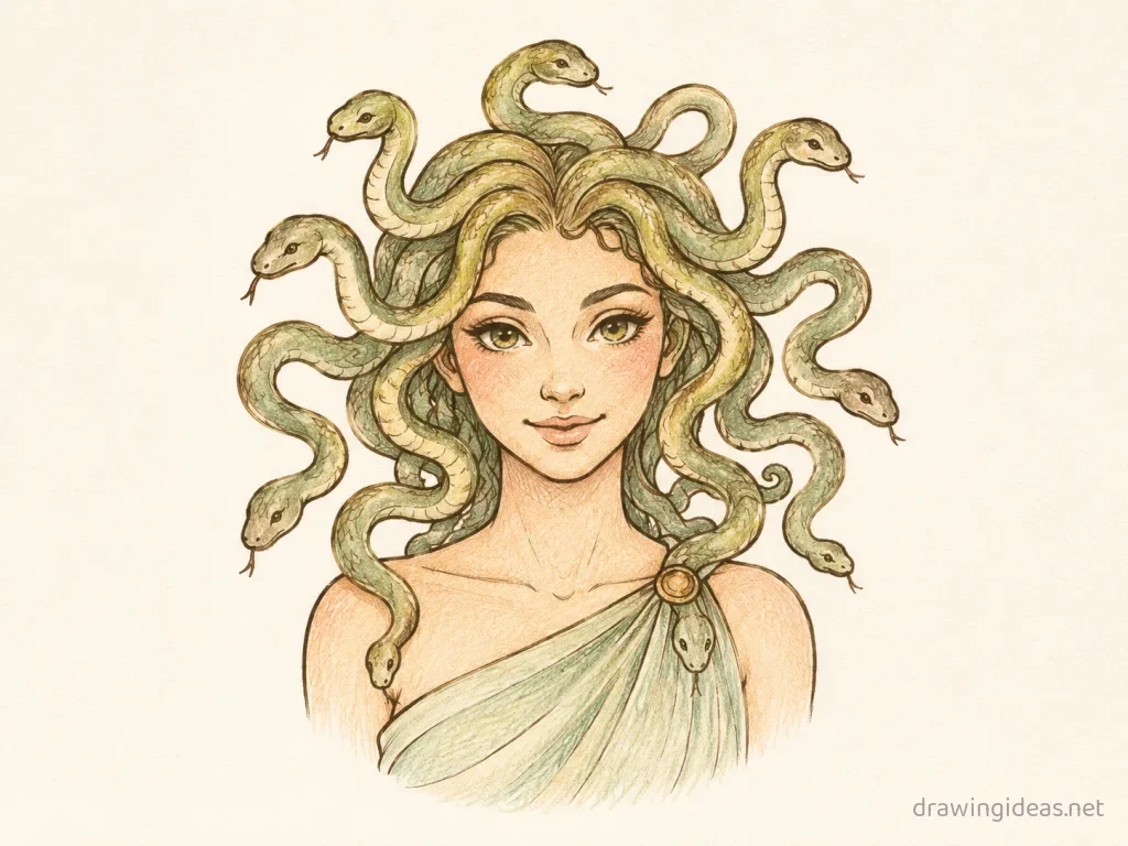 Medusa drawing — hand-drawn Medusa illustration with ink lines and soft colors
