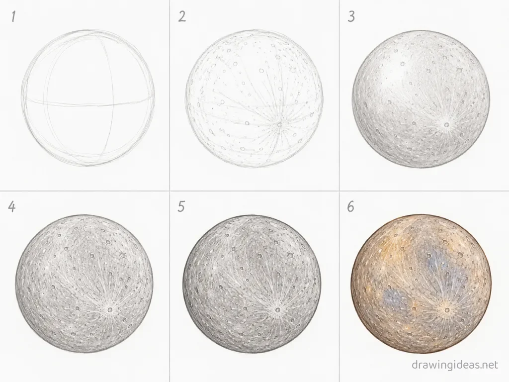 How to draw a mercury step by step — 6-step mercury drawing tutorial grid