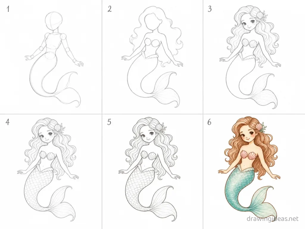 How to draw a mermaid step by step — 6-step mermaid drawing tutorial grid