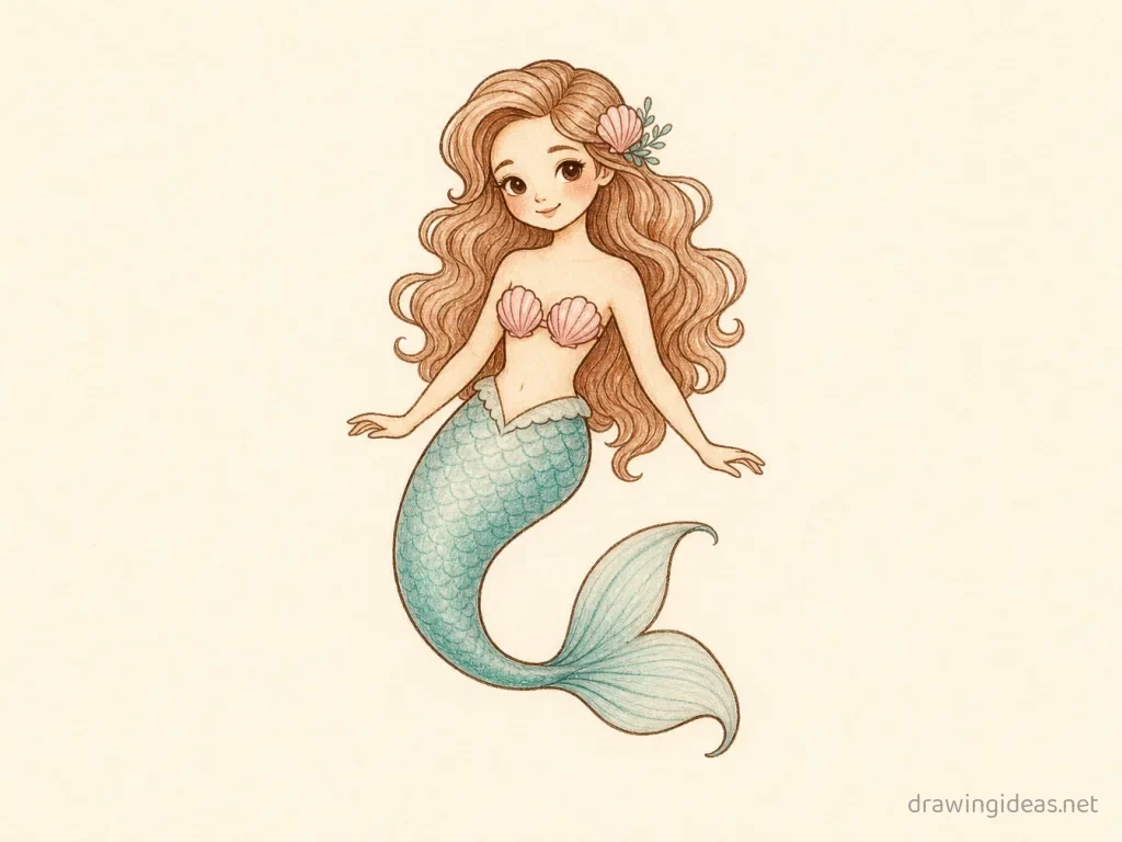 Mermaid drawing — hand-drawn mermaid illustration with ink lines and soft colors